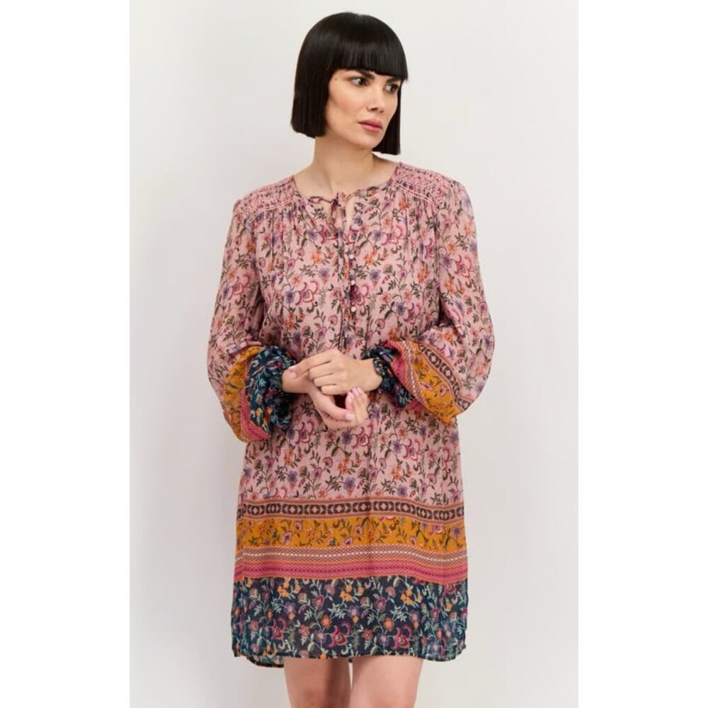 Johnny Was Maha Boho Mini Dress Embroidered Long Sleeve Sz M Flowy